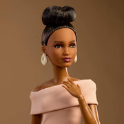 Mattel Barbie Basics Collectible Doll 08, Brunette Hair, Tan Dress, Strappy Cream Heels, Made-to-Move Petite Body, JJX27