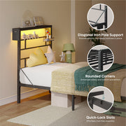 Bestier Twin Size Metal Platform Bed Frame w/LED Headboard, Built-In Charging Station, Black