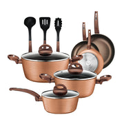 NutriChef 12 Piece Cookware Set, Nonstick Coating Inside and Outside, Heat Resistant Lacquer Exterior, Coffee Interior and Brown Finish, NCCW12BRW