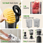 TUUMIIST TM-580SJ Cold Press Juicer, Slow Squeeze Technology, 5.3-Inch Extra-Large Feed Chute, 300W Motor, BPA-Free, Black
