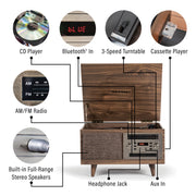 Crosley Serenade 8-in-1 Multi-Format Record Player with Bluetooth, 3-Speed Turntable, CD, Cassette, AM/FM Radio, Walnut