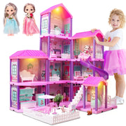 Huge Wave Dollhouse Playset, 36 Inch Four-Story, 11 Large Furnished Rooms, Pink, Includes Articulated Doll Figures and Warm Lighting, 19011-1A