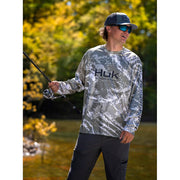 HUK Pursuit Pattern Crew Long Sleeve Athletic T-Shirt, Performance Fabric, Pluff Mud, 3XL, H1200610