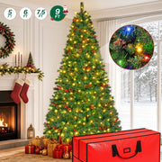 Firstness 9ft Pre-Lit Artificial Christmas Tree with 2300 Branch Tips, Pine Cones and Red Berries, 11 Lighting Modes, Multicolor and Warm White LED Lights