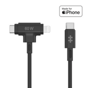 Hyper HyperJuice USB-C and Lightning Hybrid Silicone Charging Cable, 60W Fast Charging, Apple MFi Certified, Tangle-Free, Durable Soft-Touch Silicone, 1.5m/5ft, Black