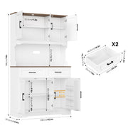 Homfa 74in Pantry Cabinet with Hutch, Tall Kitchen Storage Cabinet with Oak Countertop, White, 6 Doors, 4 Shelves, 2 Drawers