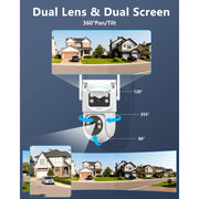 OOSSXX Dual Lens Security Camera Outdoor, 4MP HD, 360 PTZ and Fixed Dual-View, Dual-Band WiFi, IP65 Waterproof, White, 2-Pack
