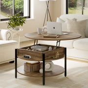 DOVEAID Round Lift Top Small Coffee Table with Storage Modern Farmhouse Center Table with Shelf Small Circle Table for Living Room,Light brown