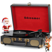Udreamer Vinyl Record Player, 3-Speed Belt Drive Turntable with Bluetooth, Built-in Stereo Speakers, Aux and RCA Outputs, Headphone Jack, Portable Black/Red Suitcase