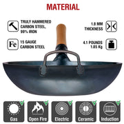 YOSUKATA 13.5 in Blue Carbon Steel Wok Pan, Pre-Seasoned Flat Bottom, Ergonomic Wooden Handle, Compatible with Gas Electric Ceramic Induction and Open Fire Cooktops, 123