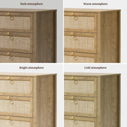 SICOTAS 6-Drawer Rattan Dresser with Gold Handles, Large Boho Coastal Chest, Cherry Oak, 51.14 in Wide, DR117