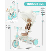 JMMD 0910-7in1 Baby Tricycle 7-in-1 Foldable Kids Trike with Adjustable Parent Handle, Safety Harness, Wheel Brakes, Removable Canopy, Gray