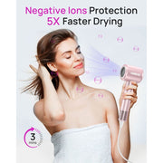 Aniekin Ionic High-Speed Hair Dryer, 1400W Brushless Motor, Thermo Control, Magnetic Diffuser, Lightweight Compact Design, Pink, F2