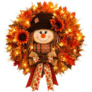 Generic Fall Wreath with Scarecrow, Sunflowers, Maple Leaves, Warm LED Lights, Burlap Bow, 20 Inch