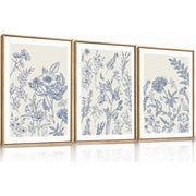 HPINUB Classic Chinoiserie Floral Framed Canvas Wall Art Set, Blue and White Watercolor Botanical Flowers, Navy Blue Minimalist, 16x24 in, Set of 3