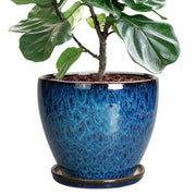 Ordivic 10 Inch Blue Ceramic Garden Planter with Reactive Glaze, Drainage Hole, and Saucer