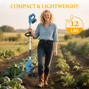 HUSGW 21V Cordless Tiller Cultivator, 9In Clearing Width, 6In Cutting Depth, 4 Steel Tines, Lightweight Handheld Garden Tool