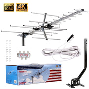 Five Star Yagi Outdoor TV Antenna, 200 Miles Range, High Gain 8dB VHF 12dB UHF, 40 ft Cable, 4-Way Splitter, J-Pole Mount, FSA-6828NKJ-WES