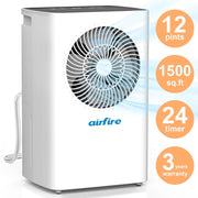AIRFIRE Whole House Dehumidifier, 12 Pints Daily, 1500 Sq.Ft Coverage, 0.59 Gal Tank with Overflow Protection, Quiet Operation, PD8R-02AE