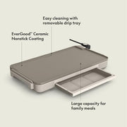 Bella Electric Griddle, 12 in x 22 in, EverGood Ceramic Nonstick Coating, Removable Temperature Probe, Warming Tray, Oatmilk, 35115-016A