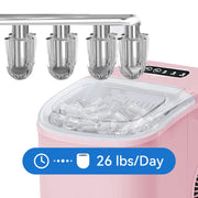 Kcpolre Portable Countertop Ice Maker, 26 lb Daily Output, Bullet Ice Cubes, Dual Size, Self-Cleaning, Quiet Operation, Pink, ZBJ-02