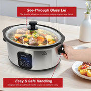 Bluebow Slow Cooker, 6 Quart, Stainless Steel, Removable Stoneware Pot, 3 Heat Settings with Auto Keep Warm, Non-Stick Surface, Cool-Touch Handles