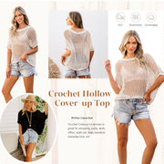 Shine Up Crochet Beach Coverup, Womens Short Sleeve Blouse, Knit Hollow Out, Black