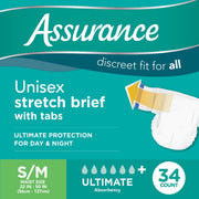 Assurance Unisex Stretch Briefs with Adjustable Tabs, Small/Medium, 68 Count