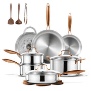 Carote 19-Piece Tri-Ply Stainless Steel Cookware Set, Induction Compatible, Oven Safe, Rose Gold Handles