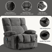 JONPONY Manual Recliner Chair with Heat Therapy and Vibration Massage, Grey Velvet, Heavy Duty Metal Frame, Dual Cup Holders, Side Pockets, USB Ports