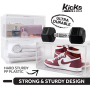 Kicks & Co XL Clear Plastic Stackable Shoe Storage Box with Magnetic Front Door and Ventilation Slots for Sneakers up to Size 13, 4 Pack