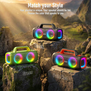 VUOPAX Portable Bluetooth Speaker, 140W Peak Power, IP65 Waterproof, Bass Boost, Bluetooth 5.3, RGB LED Lights, True Wireless Stereo Pairing, 24H Playtime, Black