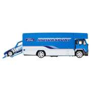 Hot Wheels Team Transport Toy Vehicle Set, Ford Capri GR5 Race Car with Fleet Flyer Transporter Truck, Blue, Real Riders Rubber Tires, Metal Construction, 1:64 Scale, JHX89