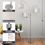 SUNMORY 3 Lights Floor Lamp, 78 in Tall Modern Arc Design with Hanging Linen Drum Shades, Heavy Base, Silver, WM01_F00079014A_SL