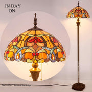 Werfactory Tiffany Style Floor Lamp, 16in Wide Stained Glass Crystal Bead Flower Shade, 64in High Bronze Antique Resin Base, 2 LED Lights Included