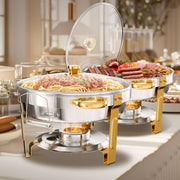 Warmounts 5QT 4 Pack Gold Accent Stainless Steel Chafers and Buffet Warmers Sets w/Glass Lid