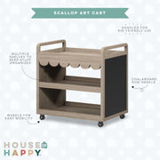 House of Happy Scallop Art Cart, Natural Finish, Three Shelves, Dual Chalkboard Sides, Locking Metal Casters