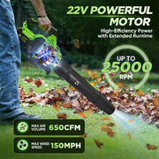 Saker LB-8195 Cordless Leaf Blower with 2x 5.2Ah Batteries, 650CFM, 150MPH, 3 Speed Levels