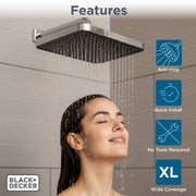 BLACK+DECKER Oversized Rainfall Shower Head, Chrome, Square, Wall Mount, 1.8 GPM