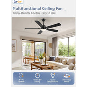Zardon 52 Inch Ceiling Fan with Dual-Tone Black and Walnut Blades, Ultra-Quiet DC Motor, 6 Speeds, Dimmable LED Light with 3 Color Temperatures, Remote Control, Timer Function
