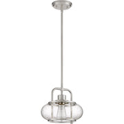 Quoizel Trilogy Mini Pendant Light, 10 Inch, Brushed Nickel, Clear Seeded Glass Shade, Dimmable, Adjustable Height, TRG1510BN