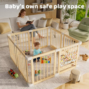 Babyeap Wooden Baby Playpen, Foldable Large Wood Play Gate with Built-in Activity Panel, Off-White, 47x47x26.3 in