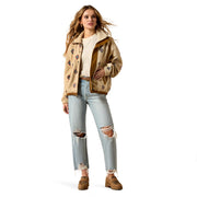 Ariat Women Sherpa Blocked Jacket, Classic Fit, Southwest Embroidered Motif, Cropped Aviator Style, 100% Recycled Polyester, Cozy Sherpa Lining, 10062815
