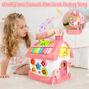 Hot Bee Montessori Baby Learning Toy, Multi-Activity Educational Cube with Shape Sorter, Gear Play, Music & Light, Sensory Development for Toddlers 6-18 Months