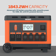 NEBO Intrepid 1800 Portable Power Station, 2400W Pure Sine Wave Inverter, 1843Wh LiFePO4 Battery, 12 Charging Ports, Wireless Charging, Rugged Design, NPS-I1843T