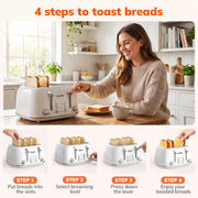 NICWIN 4 Slice Toaster with Extra-Wide Slots, Adjustable Browning Control, Defrost, Reheat, and Bagel Mode, White, WT340