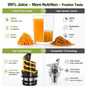 LifeImpree Masticating Juicer Machine, Touchscreen Cold Press, 5.4 in Wide Feed Chute, 5 Smart Modes, Stainless Steel Housing, Black, JS8303S
