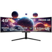 Deco Gear OLED 49 Inch Curved Ultrawide Monitor, 5120x1440 Resolution, 144Hz Refresh Rate, 0.03ms Response Time, HDR400 True Black, 32:9 Aspect Ratio, Adaptive Sync, 90W USB-C, Built-in Speakers, Adjustable Stand