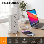 Honeywell Power Tower Charging Station, 15 AC Outlets, 3 USB Ports with 20W USB-C Power Delivery, 900 Joules Surge Protector, 4ft Extension Cord, White