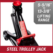 Hyper Tough Trolley Jack, 2 Ton Capacity, Heavy-Duty Cast Iron, Adjustable 5-1/8 to 13 in Lift, Swivel Saddle, Black